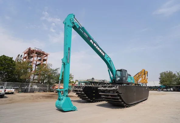Kobelco SK380 Amphibious Long Boom Excavator front left view